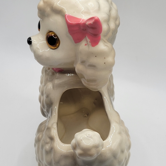 VTG Lefton Poodle Planter with Pink Bows, Glass Eyes & its Original Sticker, HTF - Picture 6 of 15
